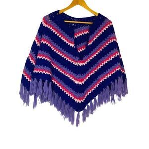 Vintage Crochet Knit Purple Poncho Fringe OS